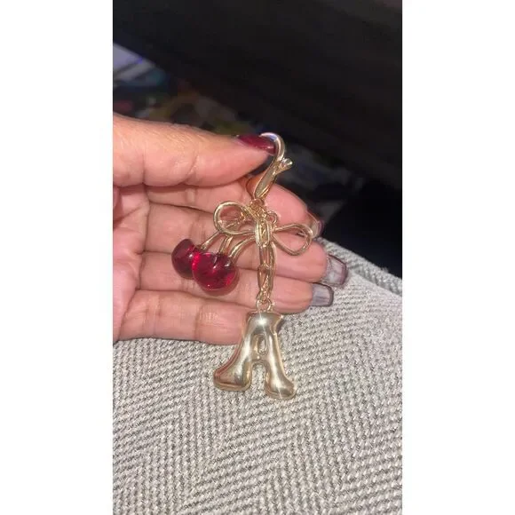 Bubble Initial Keychain Bow Cherry Gold Letter Bag Charm for Women Purse Handbag - Picture 5 of 7